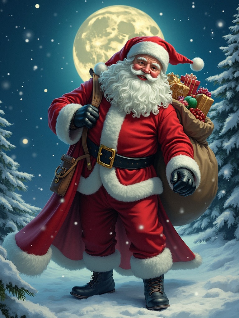 Magical depiction of Santa Claus with a sack of gifts. Snowflakes falling in a moonlit scene. Emphasis on traditional attire and festive spirit.