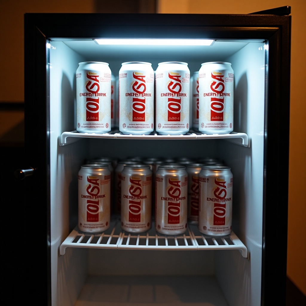 A photo of a small refrigerator filled with energy drink cans. Energy drink cans stacked on shelves. Bright interior lighting highlights the cans.