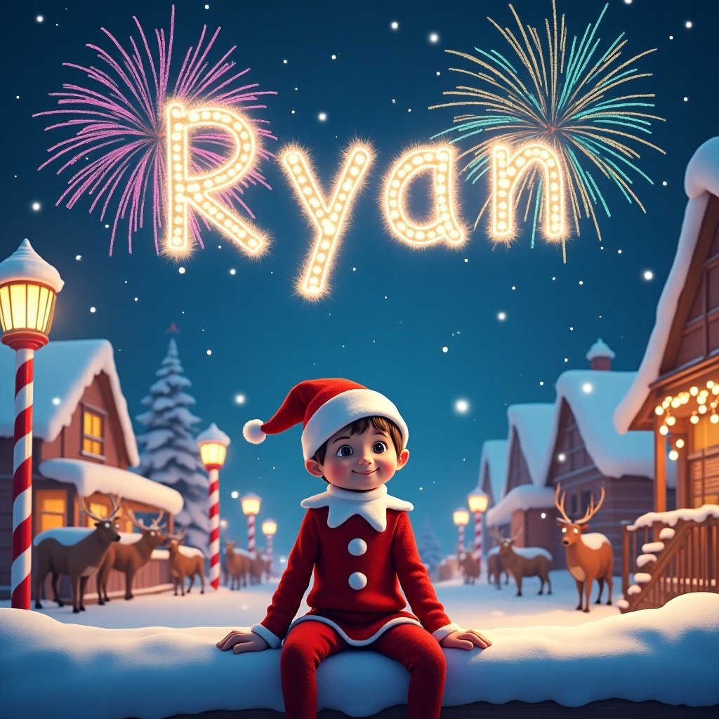 A snowy North Pole setting with twinkling lights and candy cane street lamps. A jolly boy elf named Ryan is sitting cheerfully on a shelf. The night sky is lit up with fireworks spelling out his name. The scene is filled with festive cheer, with Santa’s workshop and reindeer in the background.