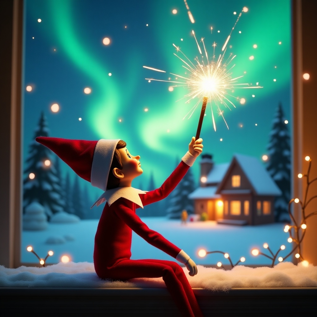 An elf sits with its back toward the viewer while gazing upward. It holds a glowing wand that sparkles. The background features a Christmas scene with colorful northern lights. A cozy house is visible. Snow blankets the ground, enhancing the winter feel. The elf expresses magic and wonder of Christmas. The phrase ‘ImsorryImdelayedIwillcomesoonwithsurprise’ is drawn in the air with the wand.