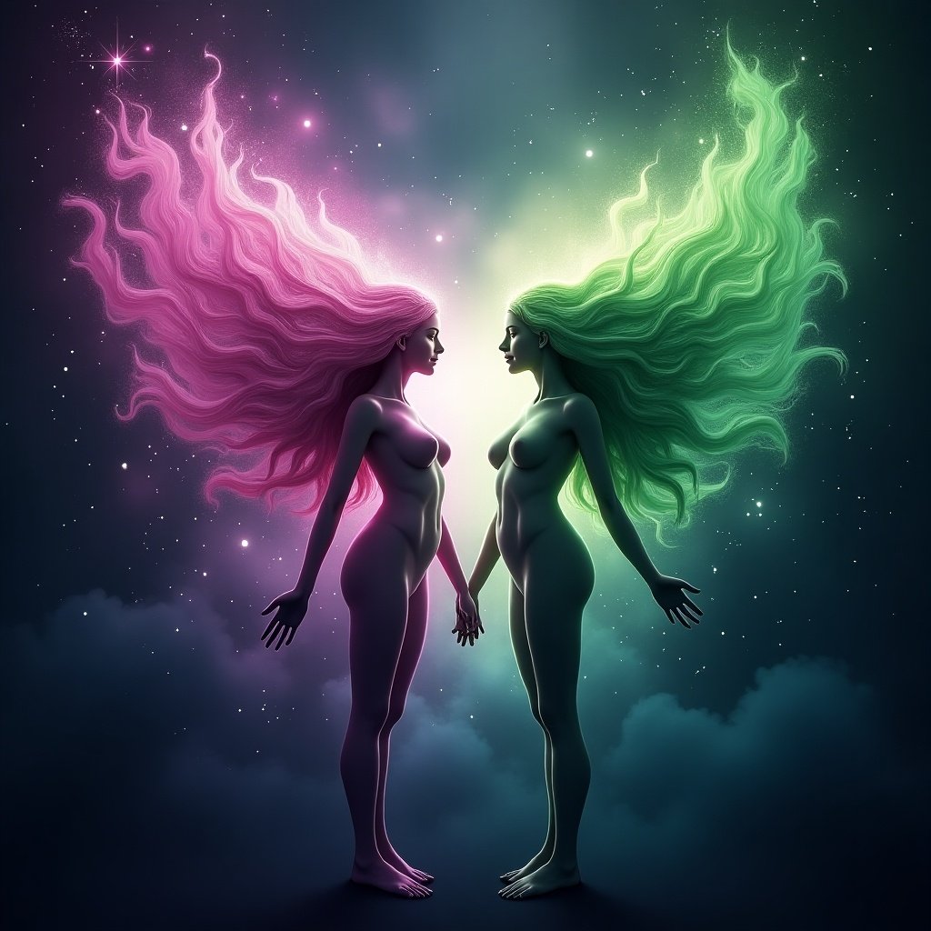 Twin flames merging into a beautiful chaos violet and green theme. Two ethereal figures, one with pink hair and the other with green hair, holding hands. The background has a cosmic, starry atmosphere.