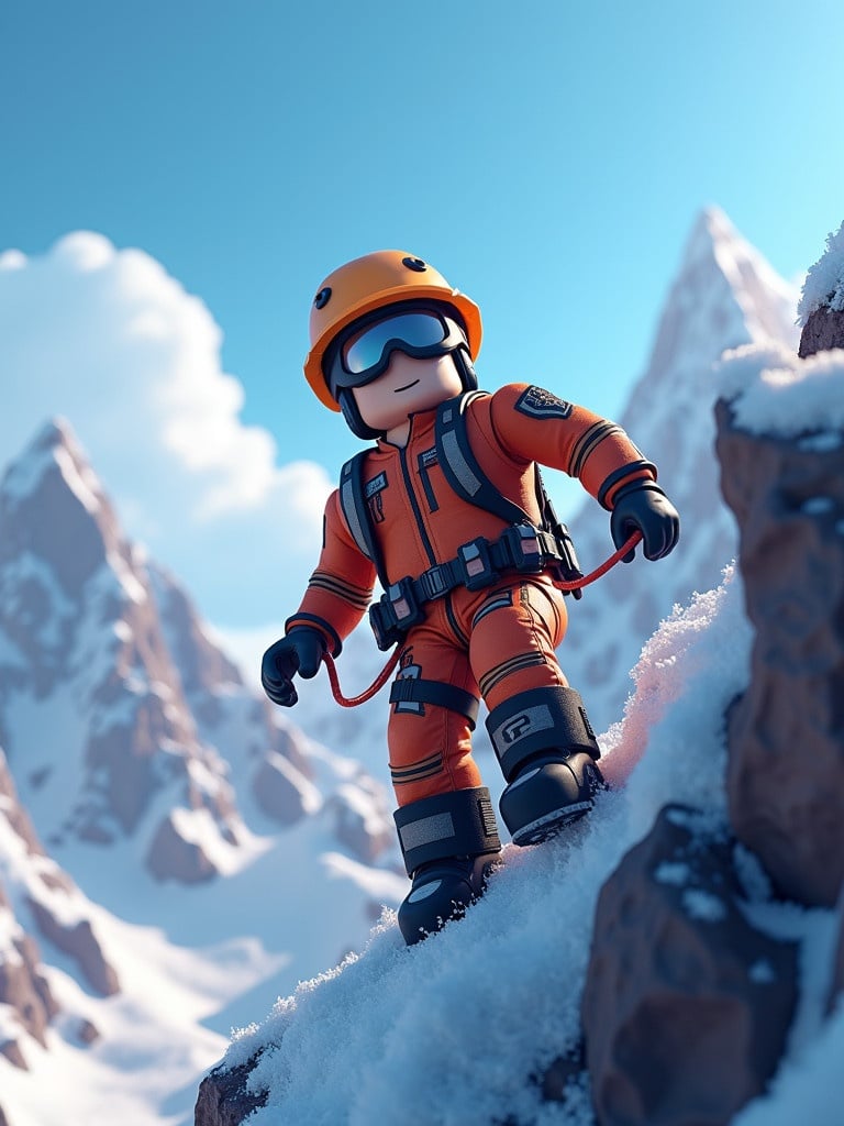 A roblox character is climbing a snowy mountain. The character is wearing bright orange mountain climbing gear. The scene captures the character scaling rocky terrain. Majestic snow-capped peaks are in the background. The sky is bright blue with fluffy clouds.