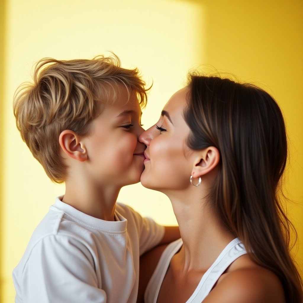 A boy kisses a woman on the cheek in a studio. The background is bright and yellow. The setting feels warm and inviting. Close-up shot captures an affectionate moment between them.