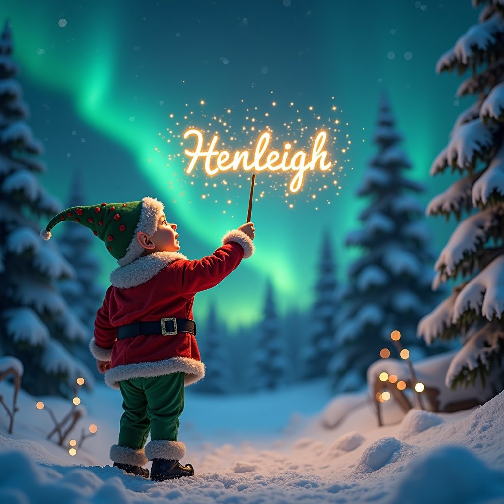 A child dressed as an elf stands with their back to the viewer, gazing up at the night sky. They hold a wand, using it to create the name Henleigh in the air, surrounded by sparkles. The scene is set in a winter landscape, featuring snow-covered trees and twinkling lights. The sky is illuminated by beautiful northern lights, creating a magical atmosphere. The entire composition exudes a cheerful and festive vibe, perfect for the holiday season.