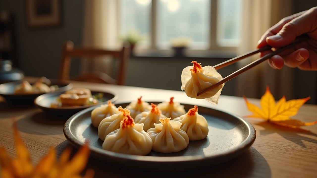 This image captures a warm, inviting scene of a family enjoying dumplings during the early winter season. The foreground features a delicate dumpling being picked up with chopsticks, its thin skin revealing a colorful filling of vegetables and meat. Surrounding it are several neatly arranged dumplings, showcasing their appealing shapes. The backdrop features a window that hints at the first frost or fallen winter leaves, while the table is adorned with a few yellow leaves, symbolizing seasonal change. The overall atmosphere is warm and inviting, highlighting themes of reunion and harvest. Soft lighting enhances the richness of details, reminiscent of a beautifully crafted movie scene.