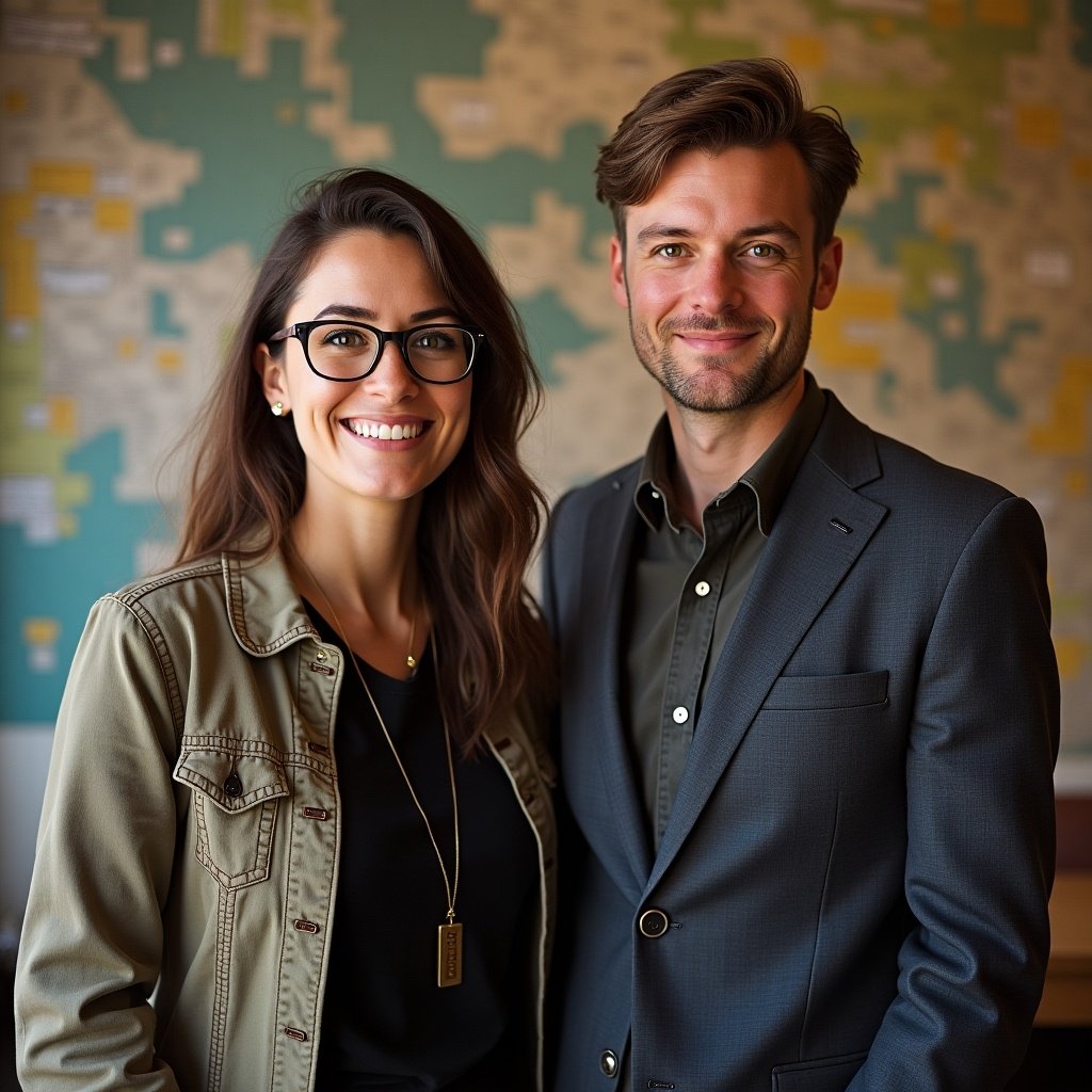 Two individuals stand in front of a blurred map background. They are facing forward. One wears a casual jacket; the other is dressed sharply. Background elements suggest an urban setting.