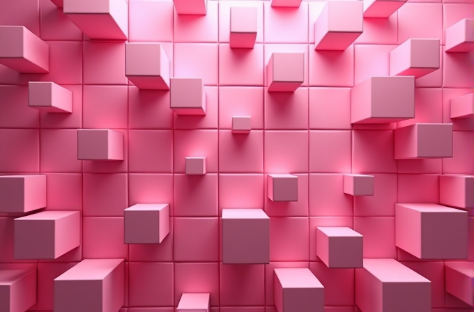 A 3D arrangement of pink cubes protruding from a similarly colored tiled wall.