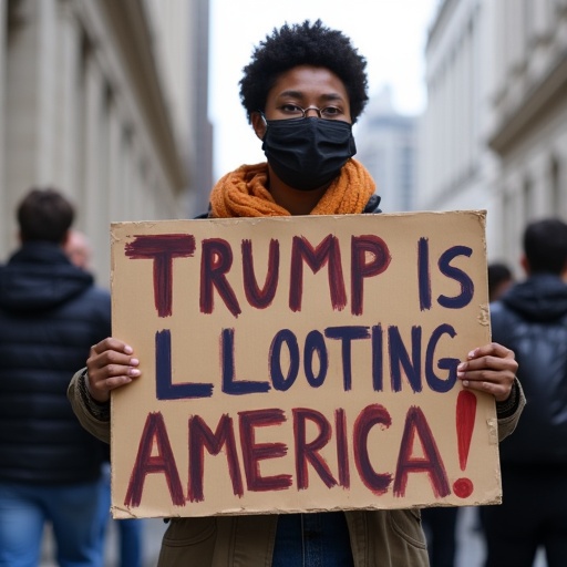 Empowered activist protests in urban environment. The person holds a large sign displaying an impactful political message. The surroundings depict a busy urban setting with other individuals in the background.