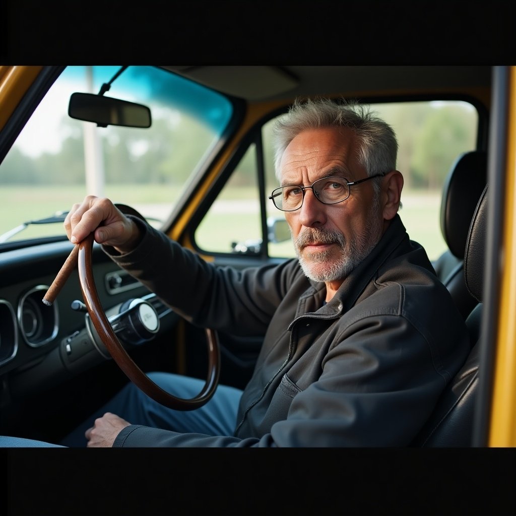 An older man sits in the driver's seat of a car holding a cigar. He appears thoughtful. The car has a vintage style.