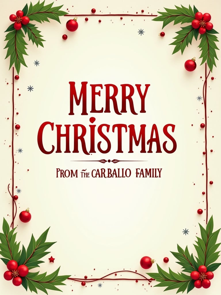 Design of a Christmas greeting with typography emphasizing 'Merry Christmas from the Caraballo Family'. Holly leaves and red ornaments create a decorative border. Bright and cheerful colors enhance a warm festive atmosphere.