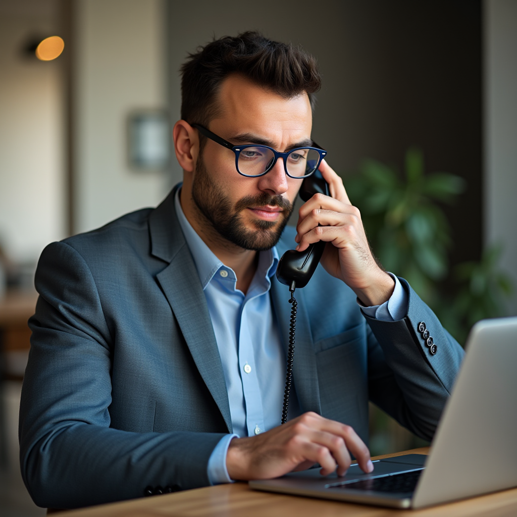 A man in a suit, wearing glasses, attentively talks on a corded phone while working on a laptop in a contemporary office setting.