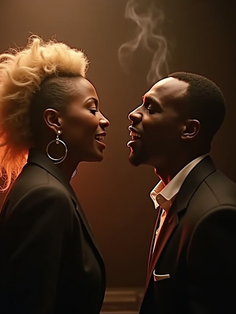 A man and woman are in a recording booth. They are singing an intense love song. The woman's hair is styled elegantly. She wears a stylish outfit with hoop earrings. The man has a charismatic presence. He is dressed in classic 90s R&B style. Smoke swirls around them. Warm lighting highlights their emotional connection.