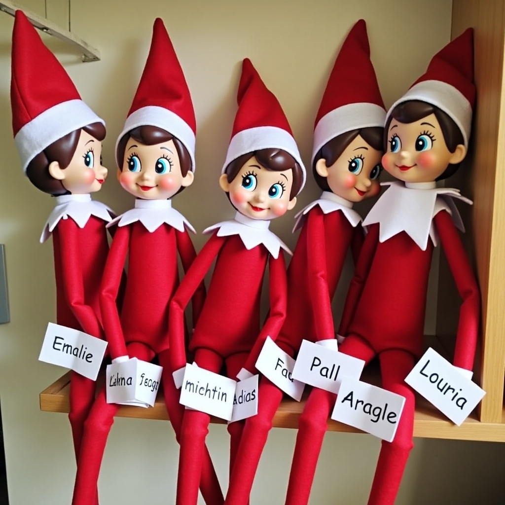 This image features five personalized Elf on the Shelf dolls lined up on a shelf. Each elf wears a red outfit with a distinct pointed hat and has an adorable face, showcasing playful expressions. They each have a name tag identifying them as Emalie, Calina Feaga, Michitin Adias, Pall Aragle, and Louria. The dolls are positioned closely together, emphasizing their cheerful demeanor. This scene evokes a festive spirit, perfect for the holiday season and family traditions.