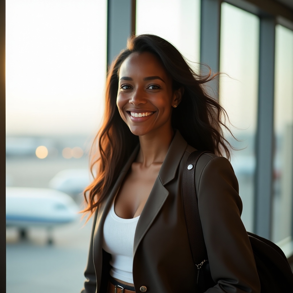 A black woman is standing by a window at the airport, dressed in comfortable travel clothes. She has long flowing hair that catches the light gently highlighting her features. The scene captures her radiant smile, exuding confidence and joy. Soft, natural light filters through the window, creating a warm atmosphere. In the background, a hint of airport activity can be seen, enhancing the travel theme.