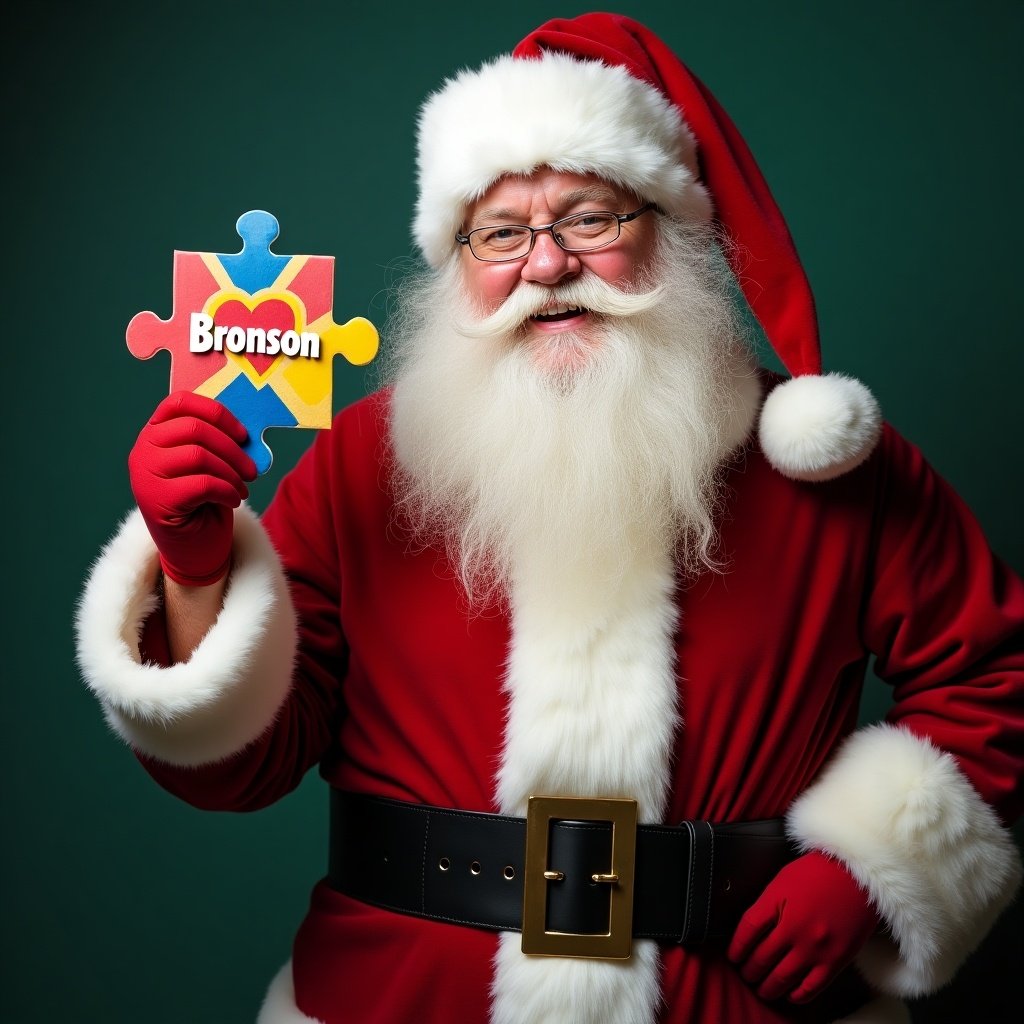 The image features Father Christmas in his traditional red and white outfit, holding a colorful autism symbol that reads 'Bronson'. He has a joyful expression, exuding warmth and cheerfulness. The background is a rich green, which contrasts beautifully with his attire. The puzzle piece symbolizes autism awareness, making this image suitable for holiday campaigns. This figure represents generosity and inclusion, perfect for promoting understanding of autism during the festive season.