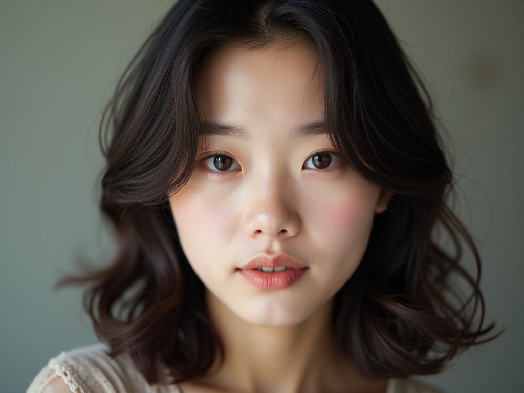 A close-up portrait of a young woman with delicate features and a calm expression. She has wavy dark hair framing her face, and her skin has a soft, natural glow. The background is neutral, focusing attention on her expressive eyes and gentle demeanor.