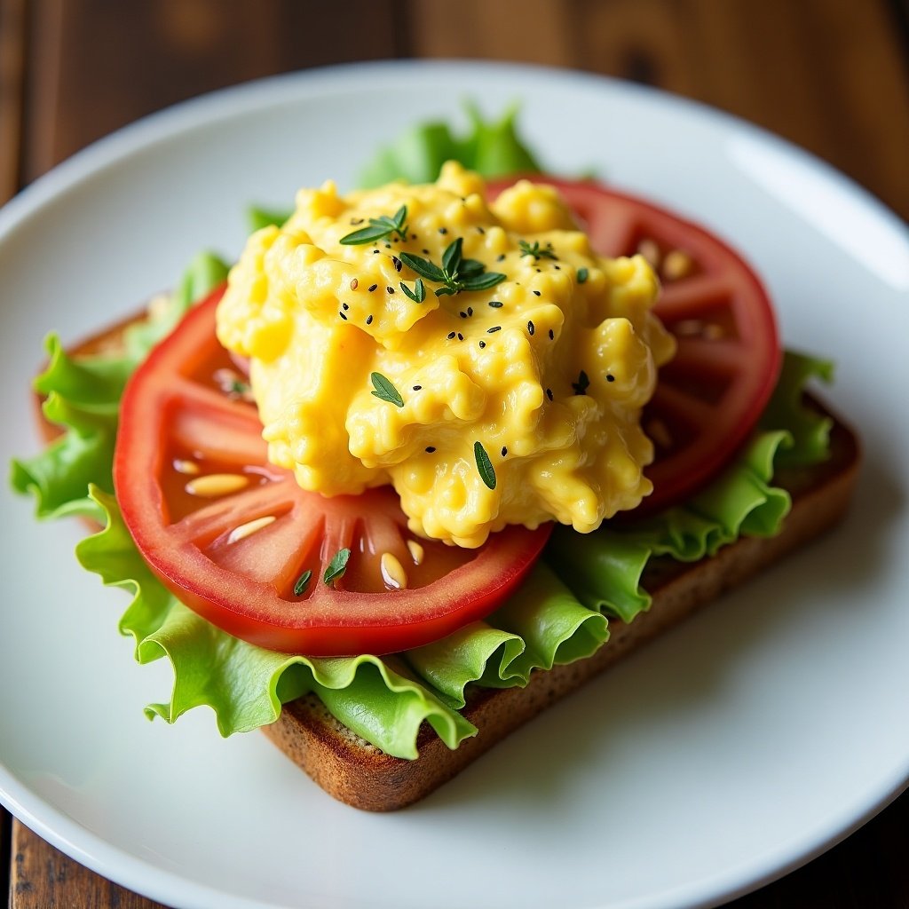 Scrambled eggs on avocado toast sandwich topped with tomato and lettuce. Served on a plate with a wooden background. Focus on fresh ingredients and vibrant colors.