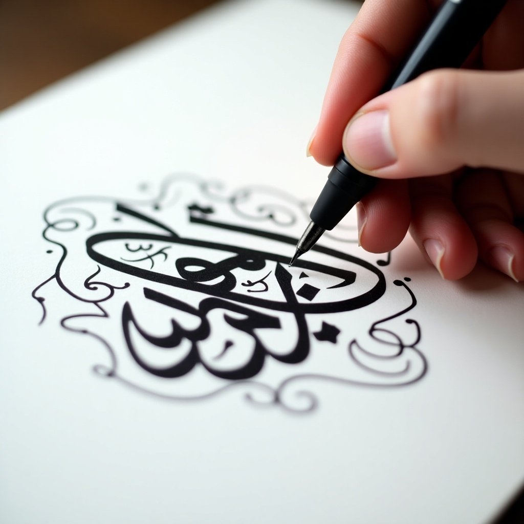 Close-up view of hand using pen to write Arabic calligraphy. Bold black ink on white paper. The hand is steady and focused on letters. Designs surround the main calligraphy. Soft lighting enhances the strokes. Alekya to be written.