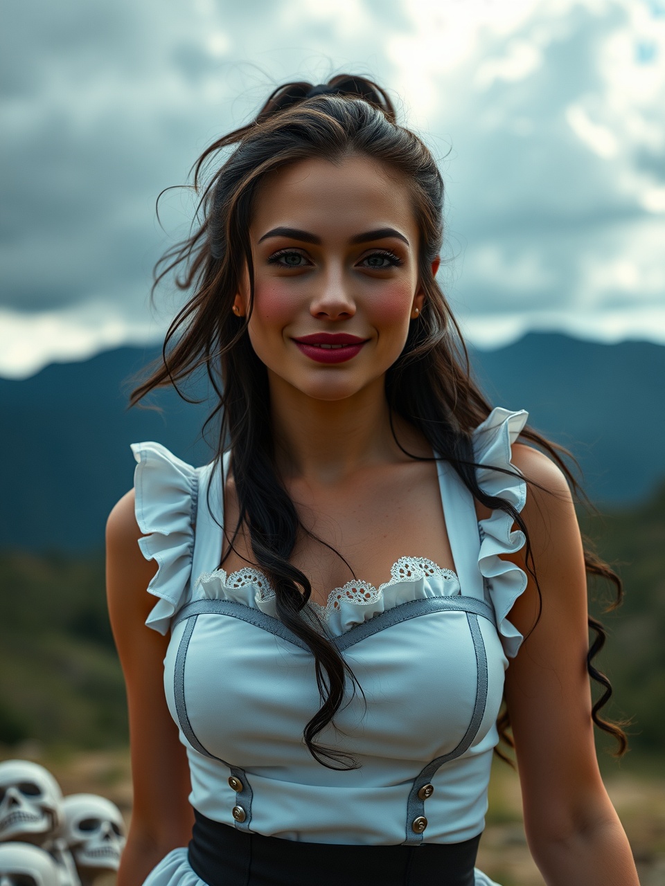 A young woman in gothic-style makeup and clothing, standing outdoors with a cloudy sky and mountains in the background. The scene has vintage and mysterious elements, including skulls partially visible in the foreground.