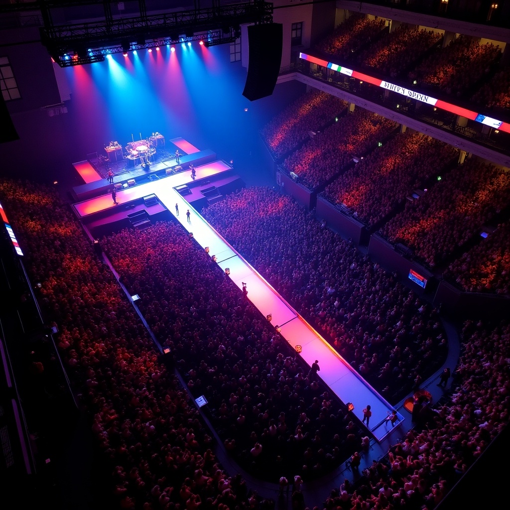 Concert stage featuring T-stage runway at Madison Square Garden viewed from above. Crowded audience fills the space, colorful lighting enhances the atmosphere. Incudes musical equipment and a band performing on stage.