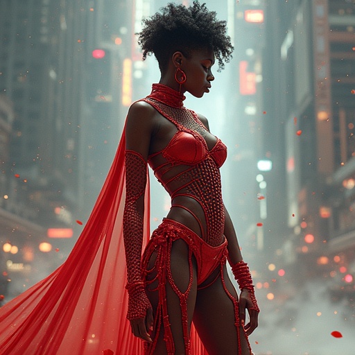 Futuristic avant garde couture with luxury elements. Model wears a striking outfit. Surrounded by a cinematic backdrop featuring neon lights. Display of opulent and sculptural fashion. High impact and visually stunning design. Evokes feelings of fantasy and excitement. Incorporates streetwear influences and bold styling.