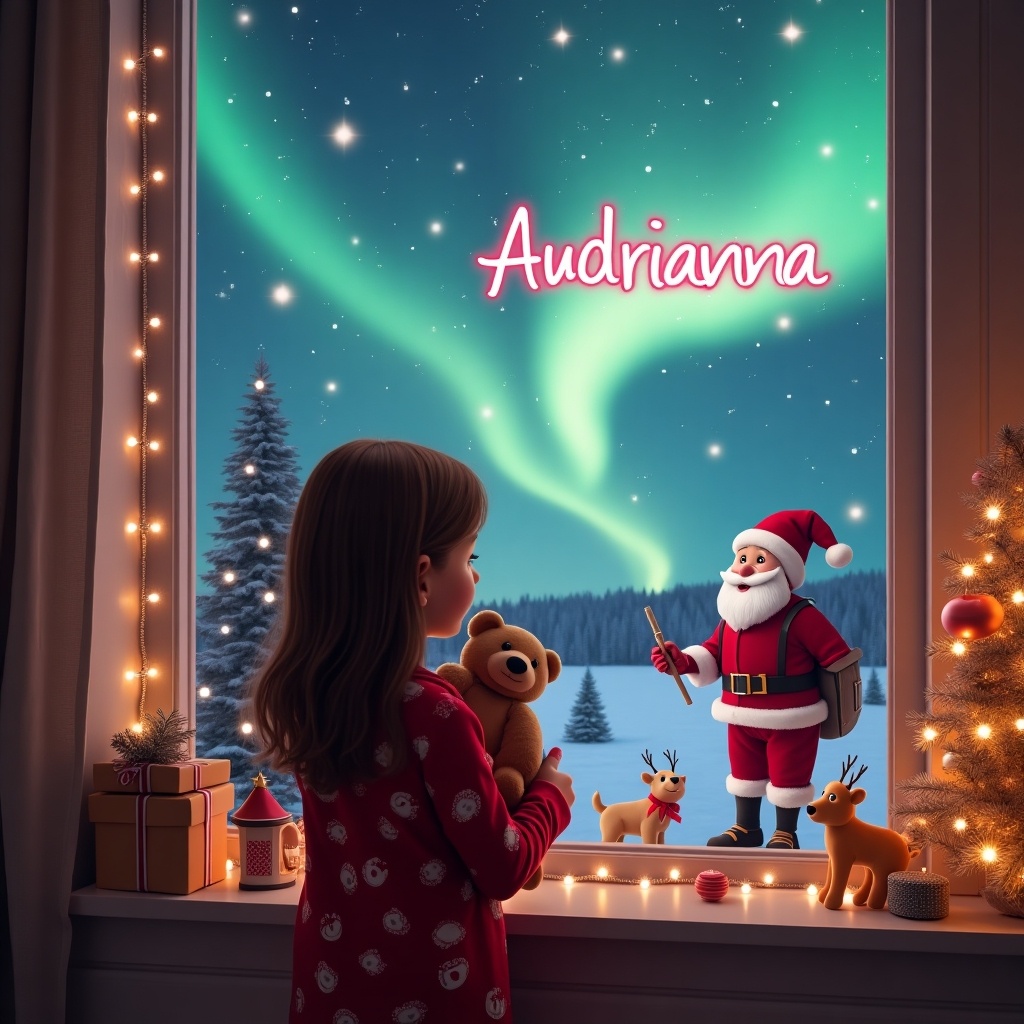 The image depicts a charming holiday scene featuring a young girl with brown hair. She is wearing festive pajamas and holding a teddy bear as she gazes out the window. Outside, a cheerful Santa Claus and an elf on the shelf dressed in red are present against the backdrop of stunning northern lights. The elf is magically writing the name 'Audrianna, I’ll be back soon!' in pink sparkling light. The window is adorned with twinkling lights and a beautifully decorated Christmas tree, adding to the enchanting feel of the moment. The overall scene evokes a sense of wonder and holiday spirit, making it perfect for the festive season.