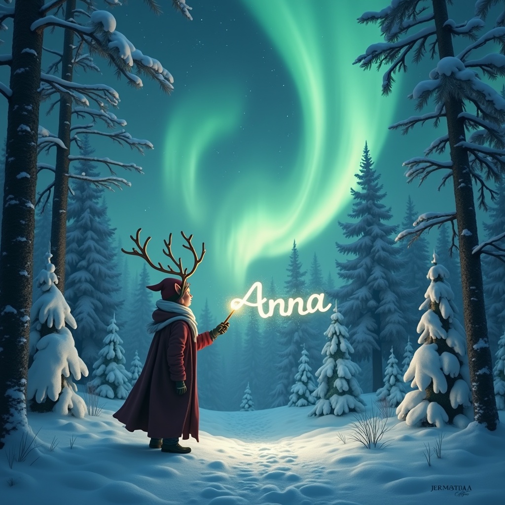 A mystical scene shows an elf in a snow-covered forest. Northern lights illuminate the sky in green and blue. The elf has antlers and gazes at the lights above. Snow-covered trees surround. Using a magic wand, the elf writes the name 'Anna' in the air, enhancing the magical atmosphere.