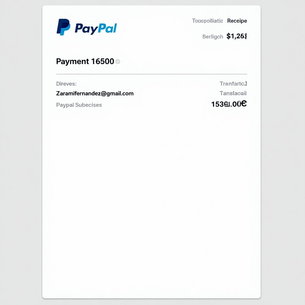 PayPal payment receipt displays transaction details. Receipt includes PayPal logo, transaction information, and payer details. Designed for online payments.