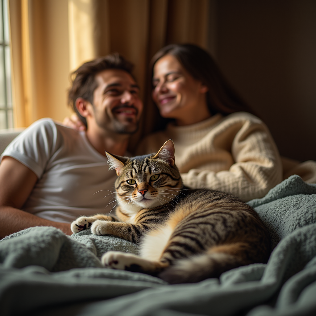 A couple relaxes together while a cat lies comfortably in the foreground.