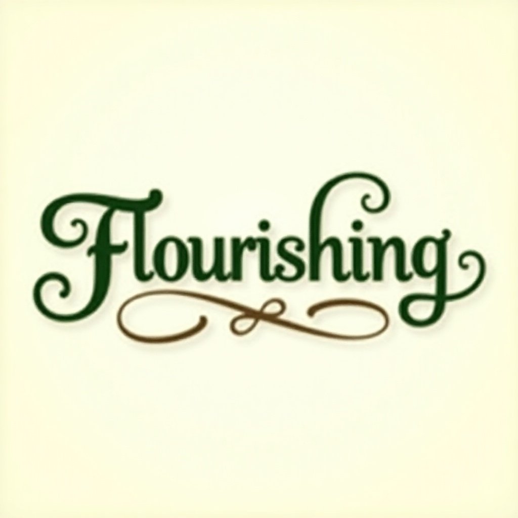 The image shows the word 'Flourishing' in ornate typography. Letters are green with a glossy finish on a cream background. Surrounding elements are intricate flourishes. Conveys elegance and classic style. Suitable for branding and packaging for creative businesses.