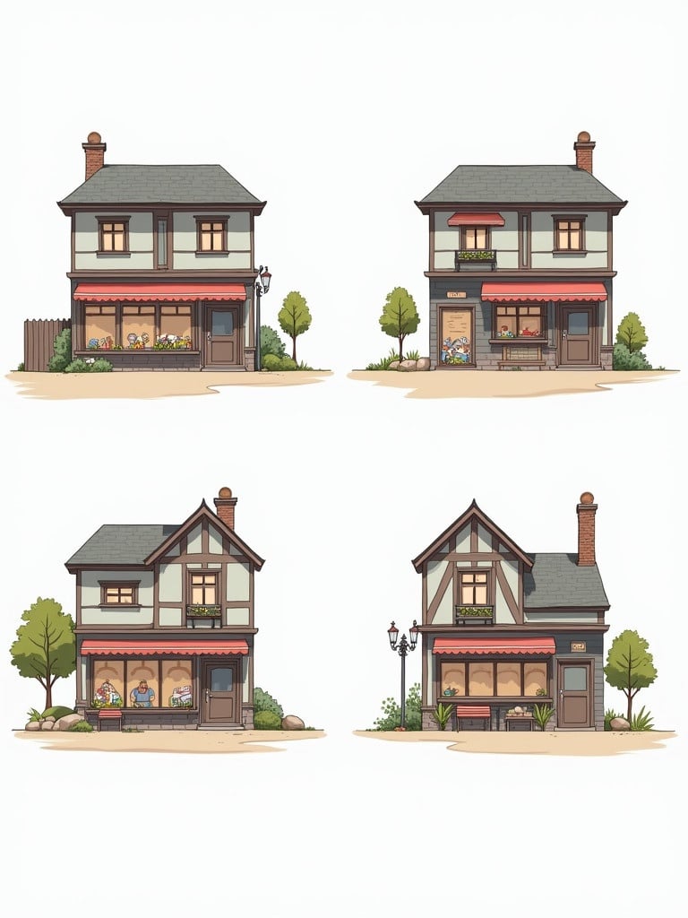 Illustration showcases a store from four distinct angles. The front view highlights exterior features. The back view presents rear access. The top view illustrates the upper architecture. The left side focuses on additional elements. An area for event activities is included.