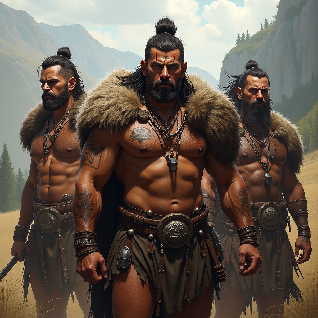 Fantasy scene depicting three muscular barbarian warriors in a mountainous landscape. They wear fur and leather clothing with detailed accessories. The setting is dramatic and adventurous, filled with natural beauty.