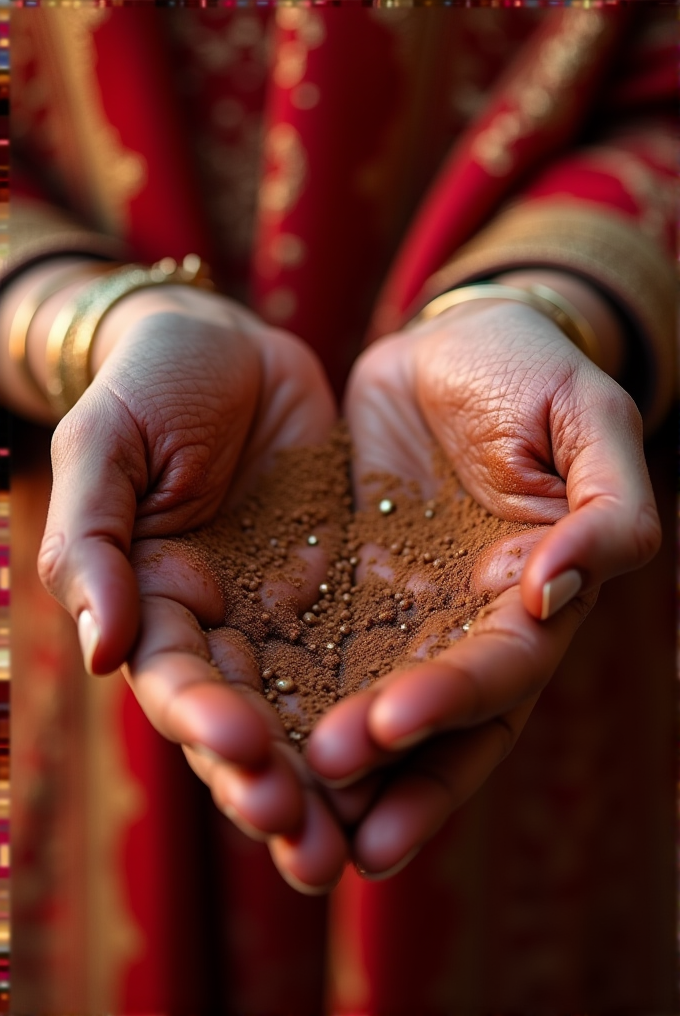 A person holds a handful of brown soil with small golden specks, framed by colorful traditional attire.