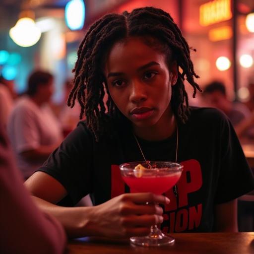 A young woman sits at a bar holding a cocktail. She wears a Pulp Fiction t-shirt. Her hair is styled in messy box braids. The atmosphere is nighttime. She looks uneasy while staring off to the side.