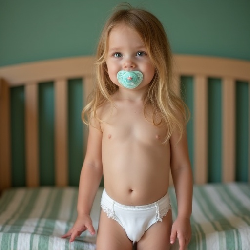 A seven year old girl with long blond hair stands in a crib wearing underwear. She has emerald green eyes and a pacifier in her mouth. The setting is cozy and homely.