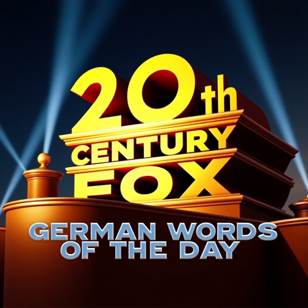 Image shows a prominent logo inspired by a famous film company brand. The text reads 'Top 3 German Words of the Day' instead of the usual brand name.