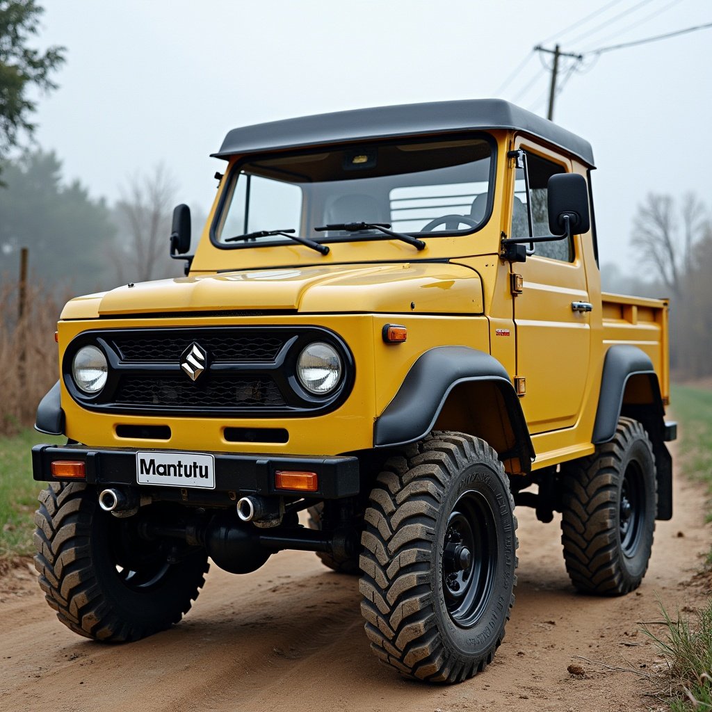 A vintage yellow Suzuki truck on a dirt road. The vehicle has chunky black tires. It's surrounded by trees and soft light from overcast skies.