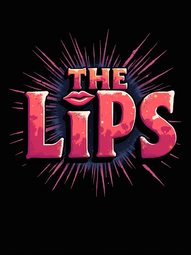 Logo design for a rock band called The Lips. Features bold text. Incorporates illustrations of lips. Black background with vibrant colors and explosive background effect.