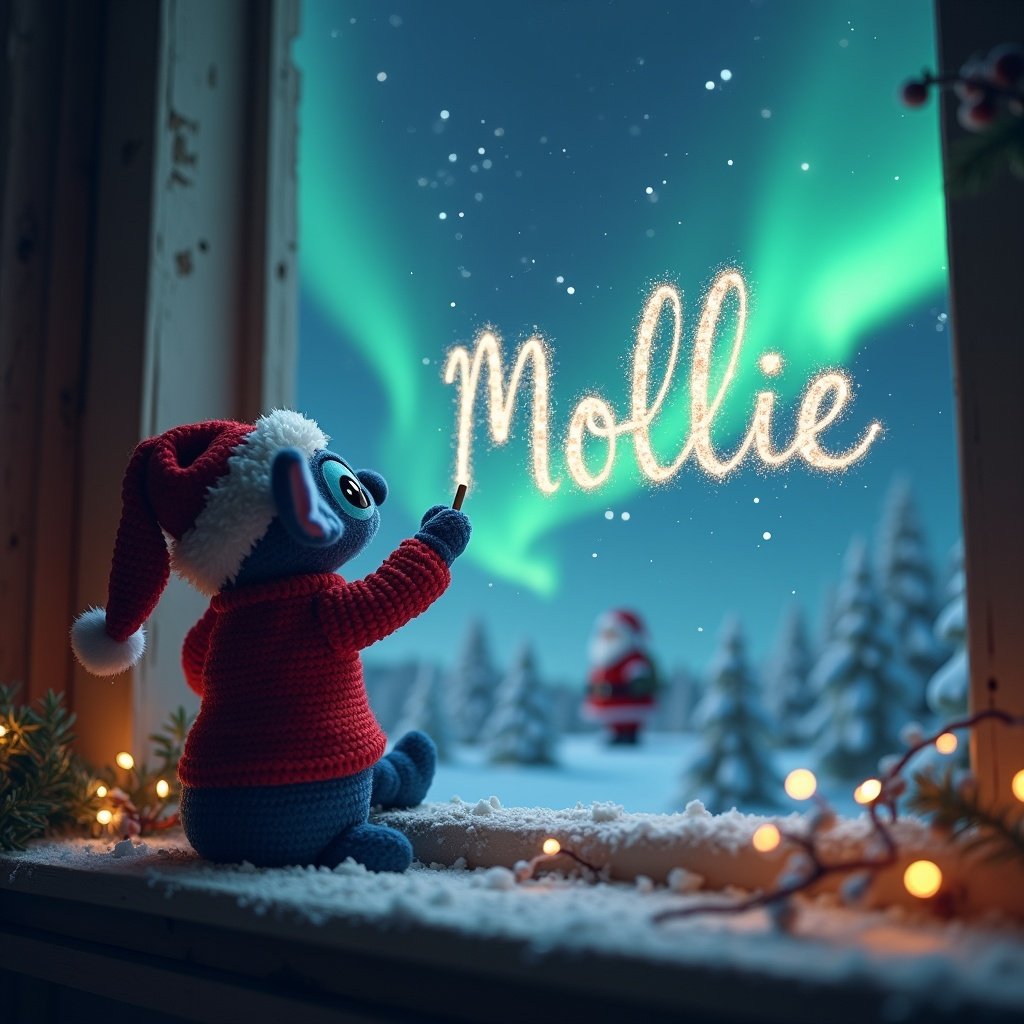 An elf on a shelf gazes up at northern lights. The elf holds a wand, magically writing 'Mollie' in sparkling letters. In the distance, Santa Claus can be seen. The scene is illuminated with soft, glowing lights and captures the essence of Christmas magic.