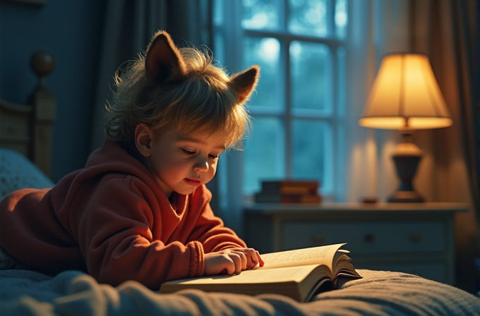 A young child with fox ears intently reads a book in a warmly lit bedroom with a glowing lamp.