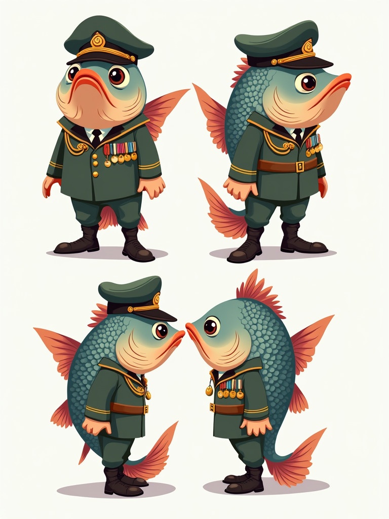 Different angles of a cartoon army fish in uniform. Fish looks serious. Colorful and playful design.