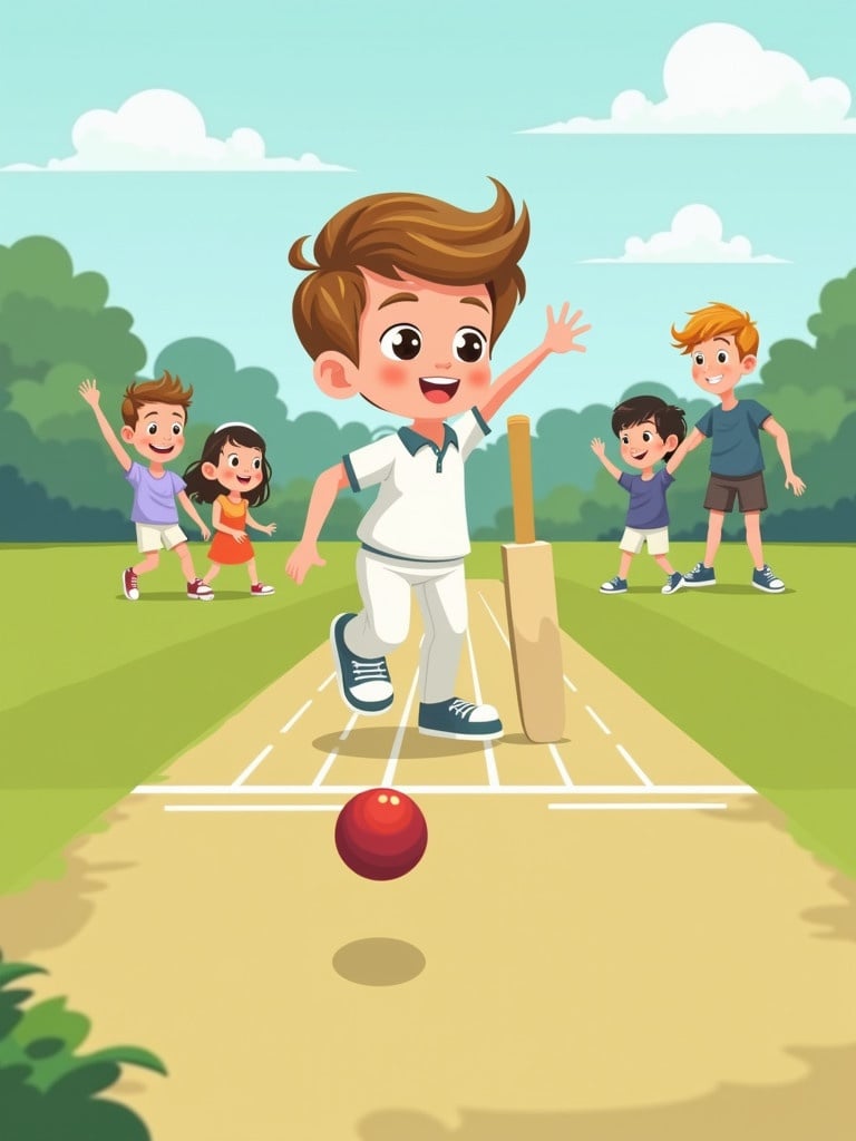 Many children are playing cricket. One child is bowling clipart.