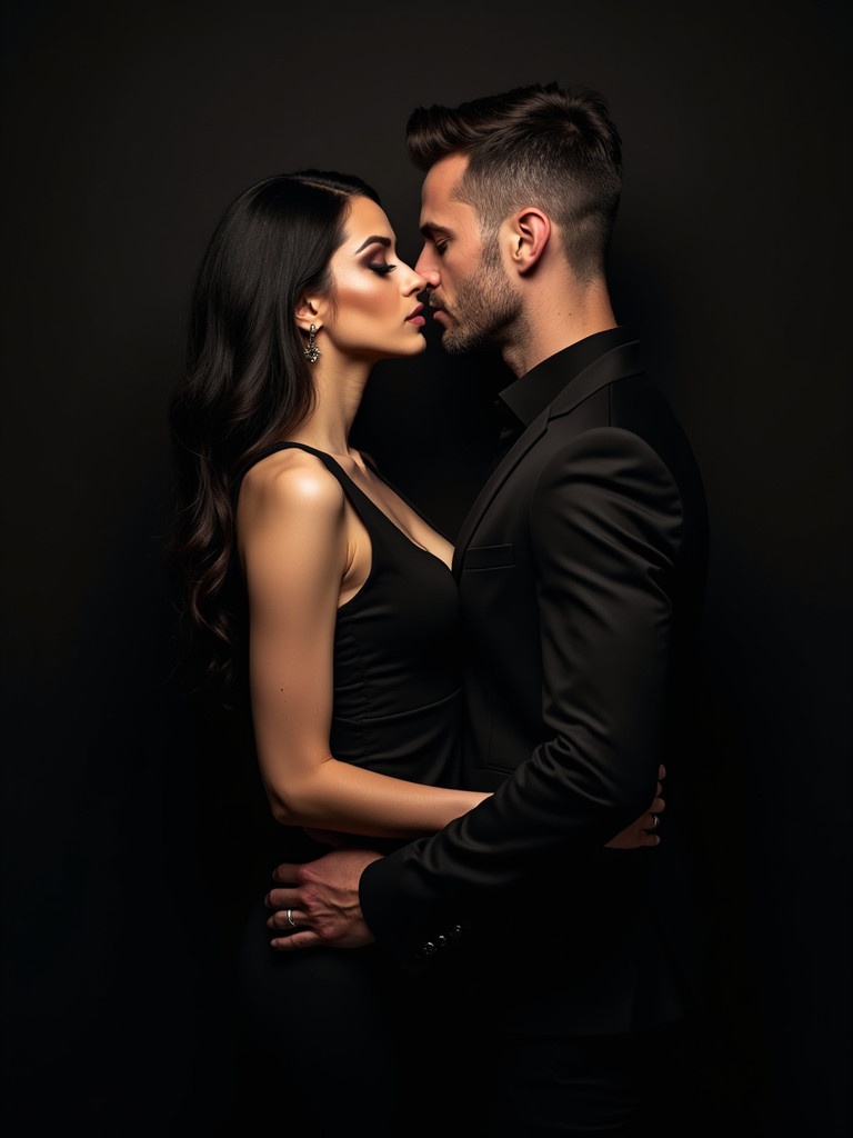 An image shows a couple in an intimate embrace. Woman has long dark hair and dramatic makeup. Man has a rugged look and short hair. Both wear elegant black outfits. The pose suggests a moment before kissing against a dark background.