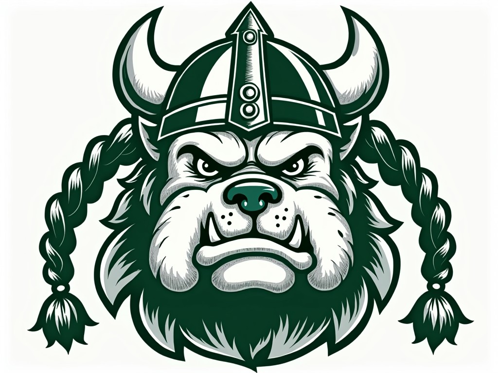 This image depicts a stylized illustration of a bulldog with a fierce expression, wearing a Viking helmet with horns. The bulldog features braided hair on each side, adding to its warrior-like appearance. The illustration uses a palette of dark green and white, giving it a bold and distinctive look.