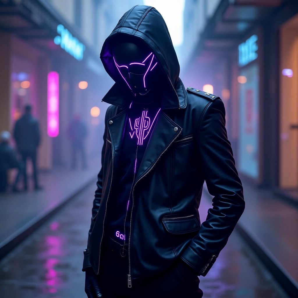 Vigilante outfit with cyber theme. Primary colors are black, purple, and blue. Depicts a cyberpunk atmosphere with a high-tech look.