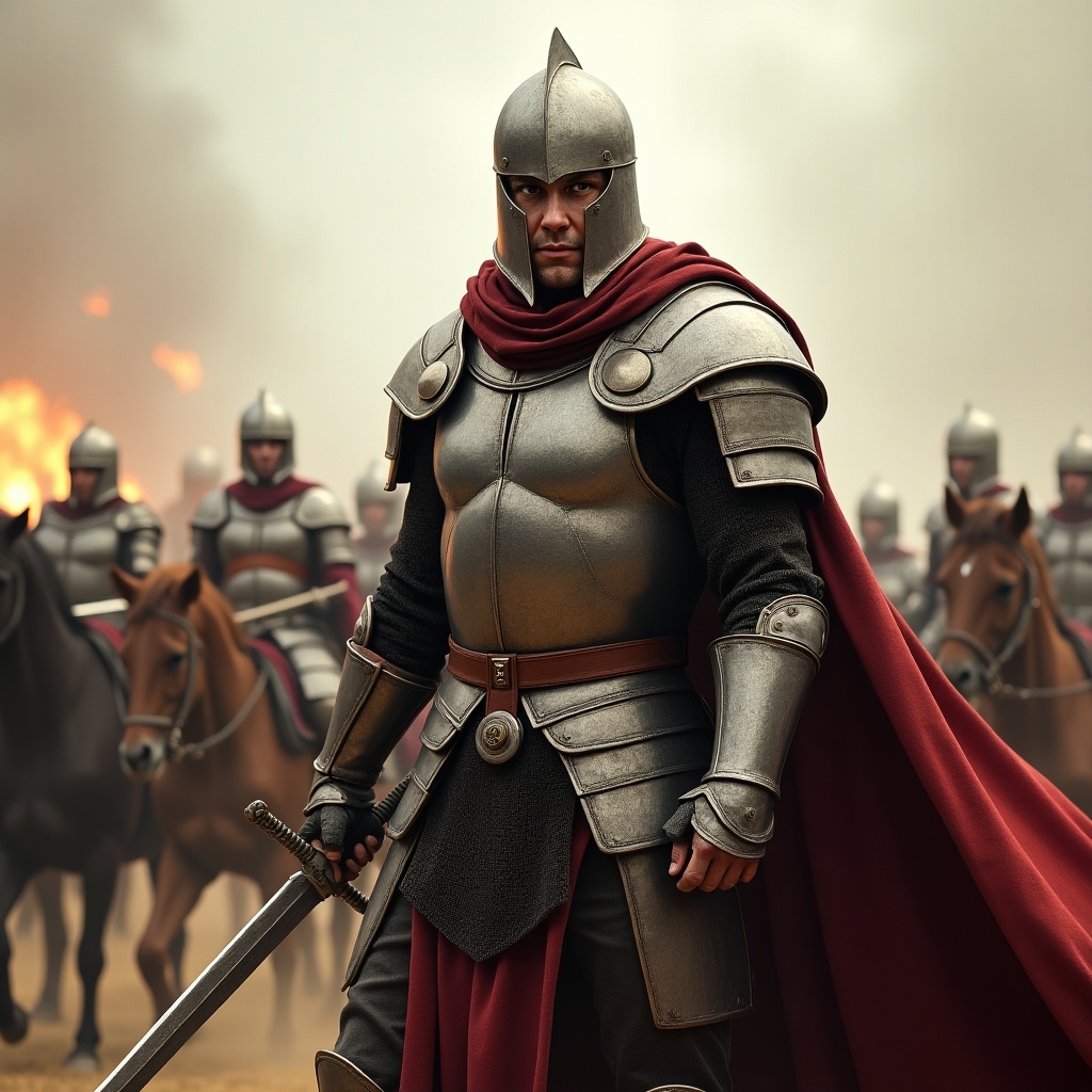 This image depicts a powerful warrior standing on the battlefield. He is clad in shining armor, with a red cape flowing behind him. The warrior holds a sword confidently, symbolizing strength and bravery. In the background, a group of soldiers on horseback can be seen, ready for battle. The atmosphere is tense yet heroic, capturing the essence of medieval conflict.