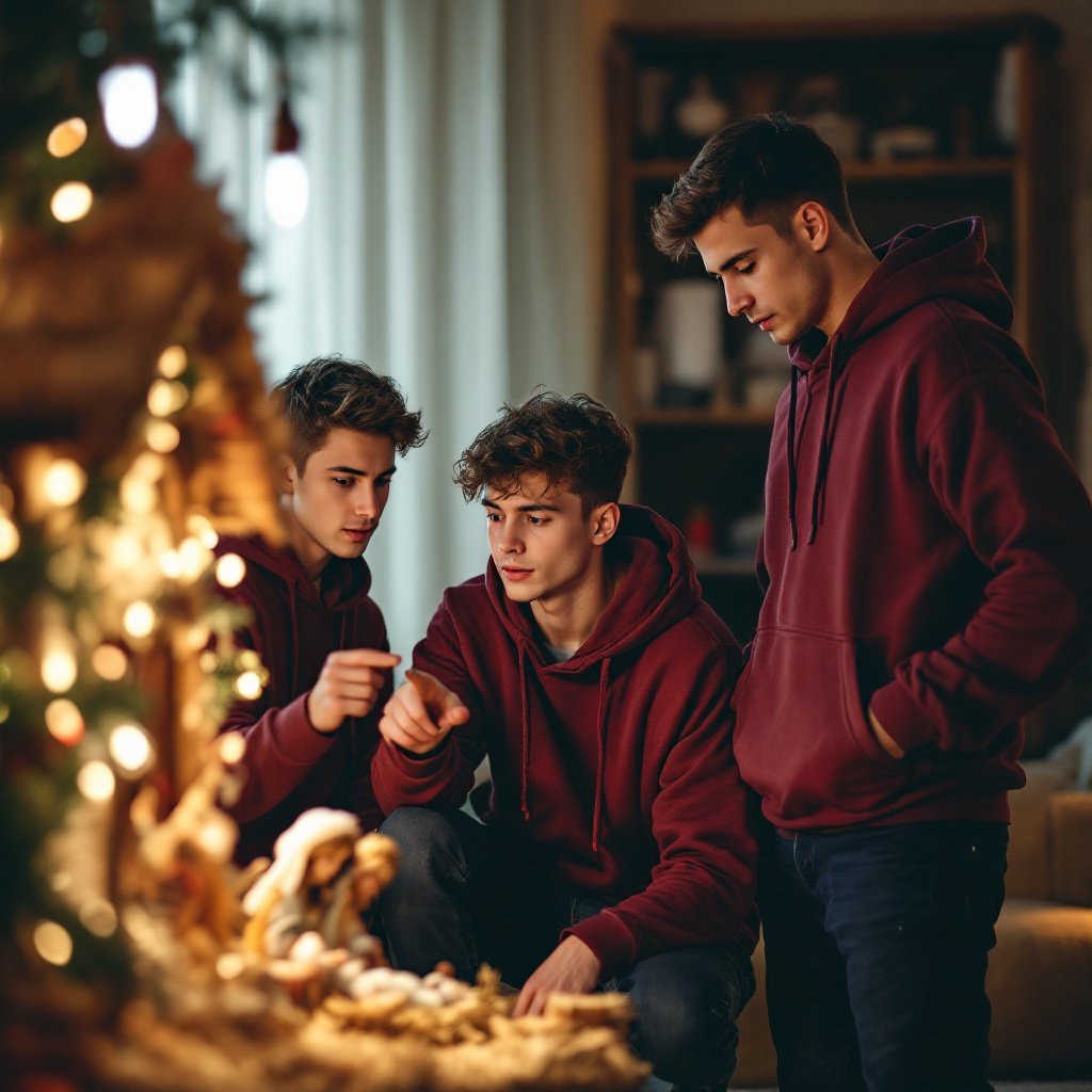 Three athletic boys in maroon hoodies stand and kneel looking at a Christmas manger scene. Warm ambient lighting enhances the festive mood. Boys display curiosity and enjoyment.