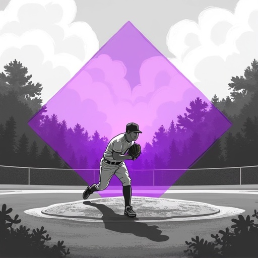 Stylized illustration of a male baseball pitcher. Background features black and white baseball field. Bright purple diamond shape behind the pitcher. Serif details and simplistic style used in design.