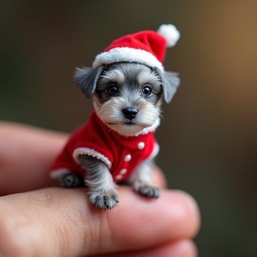 Tiny gray schnauzer puppy sitting on the tip of a person's finger. Puppy dressed in beautiful red Miss Claus suit. Puppy has a happy smile and shows affection.