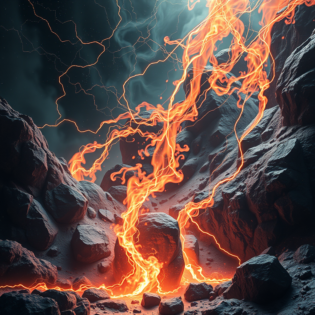 A fiery cascade of molten lava flows dramatically between rugged, dark rocks under a smoky sky.